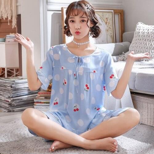 Women Short-Sleeved Pajamas Female Summer Cotton Ankle-Length Pants Thin Section Ins Cute Korean Thin 100% Cotton Suit Sleepwear