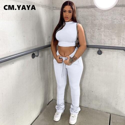 CM.YAYA Women Tracksuit Solid Sleeveless Half High Collar Crop Tops Skinny Stacked Pants Two 2 Piece Sets Casual Outfit Summer