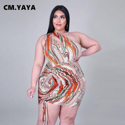 CM.YAYA Women Plus Size Dress Print One Shoulder Sleeveless Shirring Strechy Above Knee Length Dresses Fashion Outfit Summer