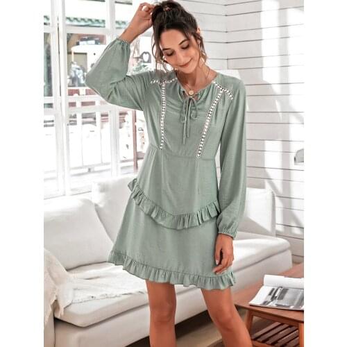 Robe Femme Womens Clothing 2021 Patchwork Lace Ruffles Dresses Zipper V-Neck Long Sleeve Mini Dress For Woman Vestidos De Mujer