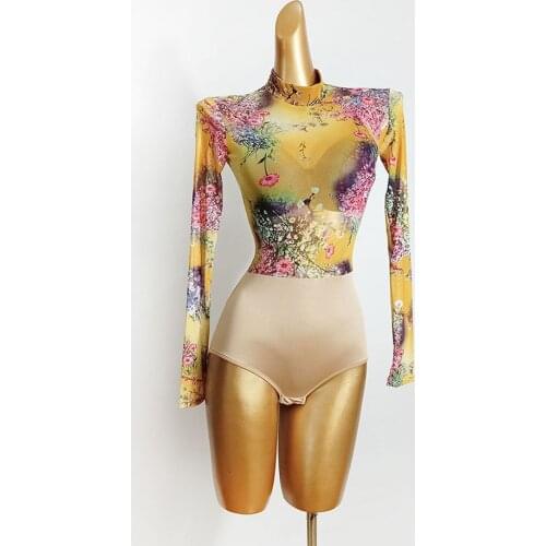 BY52-3 See Through Patchwork High Neck Latin Dance Dress Women Bodysuit Latin Dance Tops for Ballroom Tango Dancing Performamnce