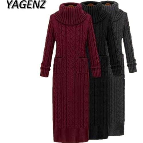 YAGENZ New Winter Turtleneck Knitted Sweater Lady Dresses Elegant Slim Solid Thick Pullover Sweater Dress Pocket Casual Clothing