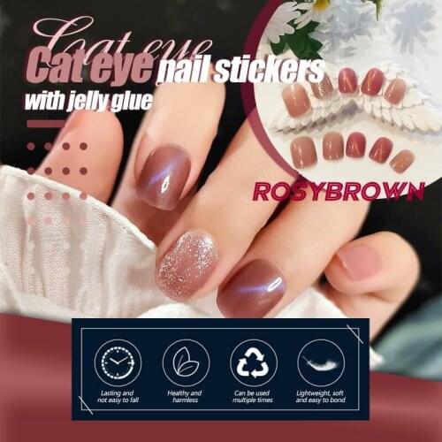24PCS Mysterious Cat Eye Nail Patch with Jelly Gum Transparent Full Cover Phototherapy Wearable Fake Nail Colorful