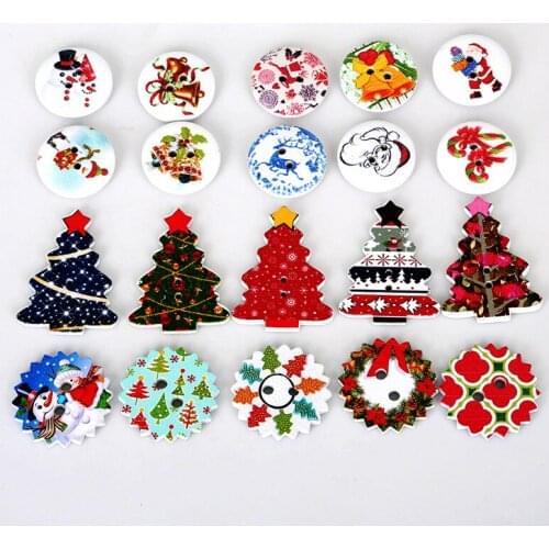 50pcs 2 Hole Xmas shape Natural Wooden Buttons Random Colorful Mixed Scrapbook Sewing Crafts Sewing Apparel Fabric Buttons DIY