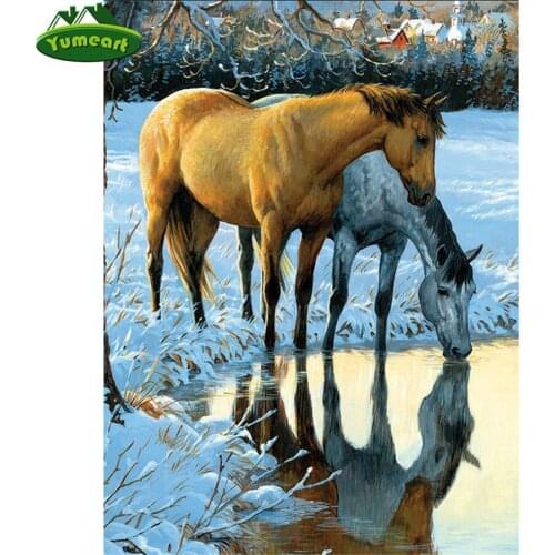 5D DIY Diamond Painting Cross Stitch Two Horses By The River Full Square Diamond Embroidery Needlework Rhinestone Mosaic Decor