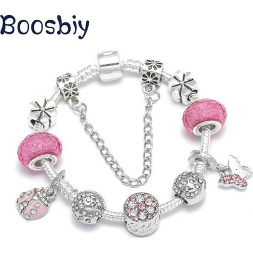 Boosbiy Silver Plated Crystal Pink Butterfly & Ladybug Pendats Charm Bracelet For Women Fits Brand Charm Bracelet Jewelry Gift