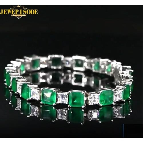 Jewepisode Solid Silver 925 Charm Bracelets Emerald Simulated Moissanite Birthstone Fine Jewelry Women Bracelet Wholesale Gift