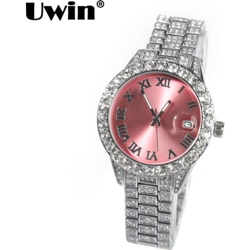 UWIN Round Dial Watch Full Baguette CZ Iced Out Pink Dial Quartz Wrist Watches for Men Hip Hop Body Jewelry for Drop Shipping