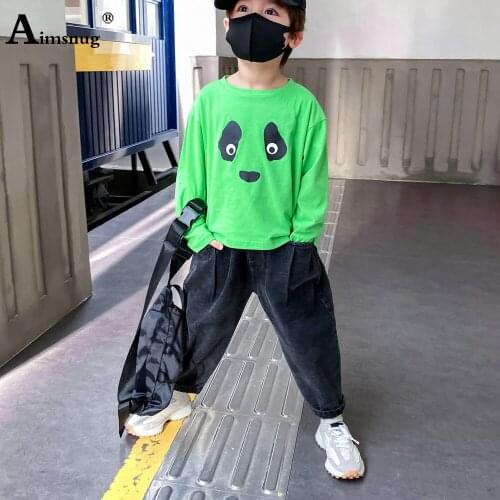 Children Fashion T-shirt Kids Long Sleeve Round Neck Tees Boy Casual Loose Shirt Kpop Style 2021 Model Panda eyes Top Streetwear