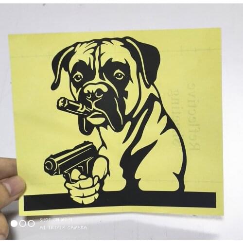 FD529A Die Cut Funny Boxer Pug Dog With Gun Style Motorcycle Car Sticker Accessories PVC Decoration Waterproof Decal