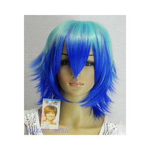 JF&FY>> New Short Straight Bule + Light blue Mix Cosplay Wig