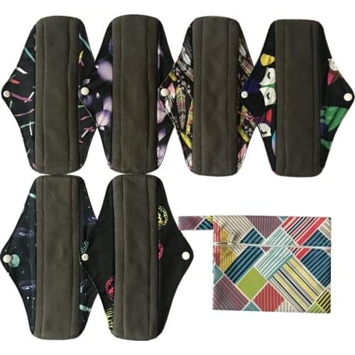 JUTESKs 7 pieces set 1pcs mini bag and 6pcs 10 inch Regular Charcoal Bamboo Mama Cloth/Menstrual Pads/Reusable Sanitary Pads