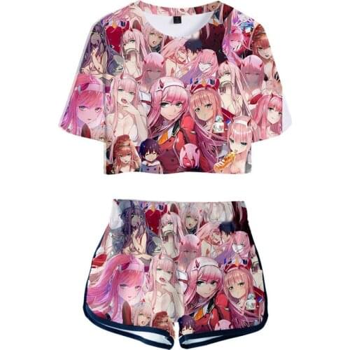 DARLING in the FRANXX Women Two Piece Set Fashion Summer Short Sleeve Crop Top + Shorts 2020 Hot Sale Trendy Tracksuit Clothes