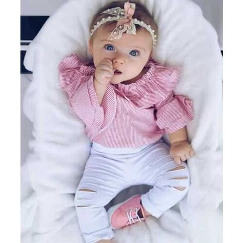 0-2Yrs Babies Girls Clothing Set Ruffles Sleeve T-Shirts Tops Ripped Pants 2Pcs Summer Infant Baby Clothes Suits