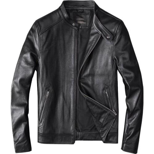 Stand collar short slim fit cowhide motorcycle handsome leather mens fashion coat first layer cowhide mens leather jacket