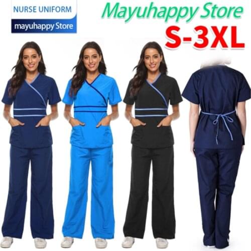 Women Short Sleeve Traje Protector V-neck Tops+pants Nursing Working Uniform Set Suit Protection костюм медицинский 2021