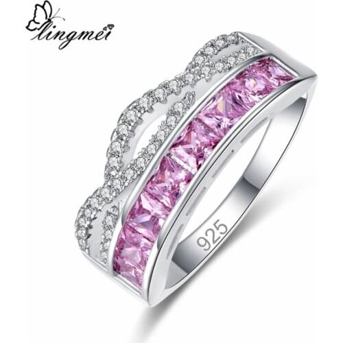 Lingmei Women Fashion Luxury Pink & Red & White Cubic Zircon Silver Color Ring Size 6-9 Pretty Bridal Jewelry Valentine Day