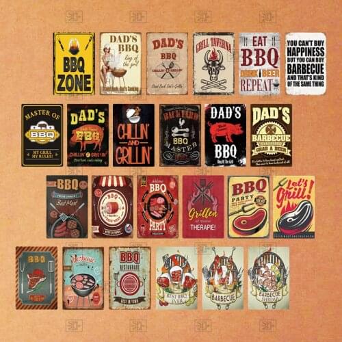 BBQ Zone Dads BBQ Vintage Personality Letter Words Metal Sign Bar Club Wall Hanging Paste Metal Tin Plate Decoration Plaque