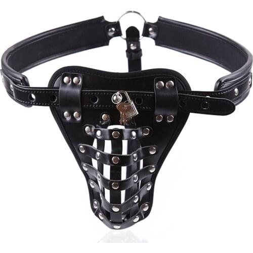 Mens Lingerie Sexy Underwear Fetish Crotchless Chastity Leather Panties Harness Briefs Hollow Out Jockstrap G-string With Lock