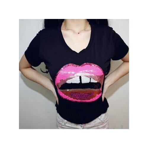 New Women Summer Cotton Short Sleeves Red Lips Sequins T-shirt Tops