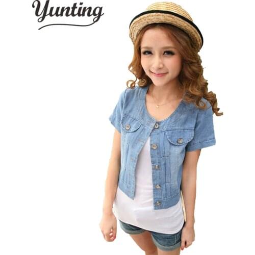 2021 New Fashion Women Round Neck Short Denim Jean Jacket Coat Half Sleeve Button S M L XL XXL 3XL