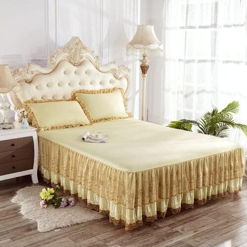 INS Nordic Polyester Cotton Solid Color Bed Skirt Single Double Cover Princess Style Lace Lotus Leaf Non-Slip Sheet Pillowcase