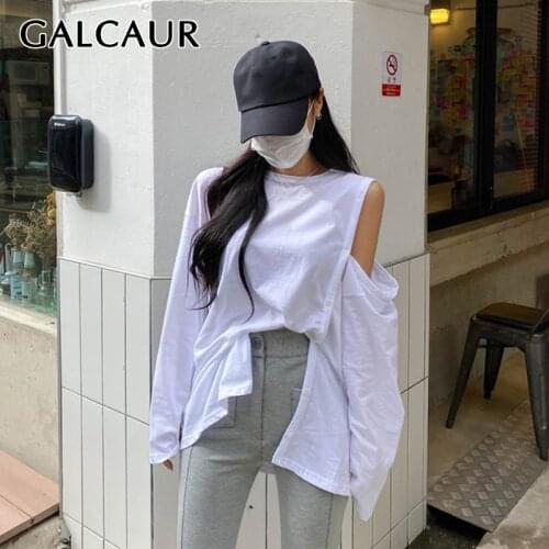 GALCAUR Casual Loose T Shirt For Women O Neck One Off Shoulder Long Sleeve Minimalist T Shirts Female Fashion Summer 2021