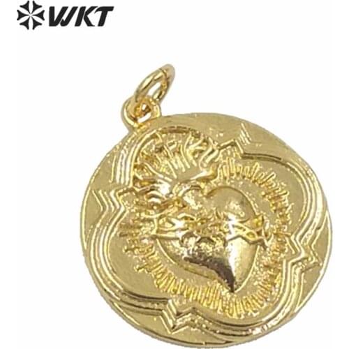 WT-MP182 Full gold electroplated round flower shape coin pendant unique design religious heart medals pendant