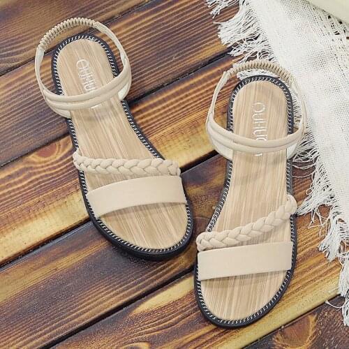 Sandals womens thick heel elastic beach flats