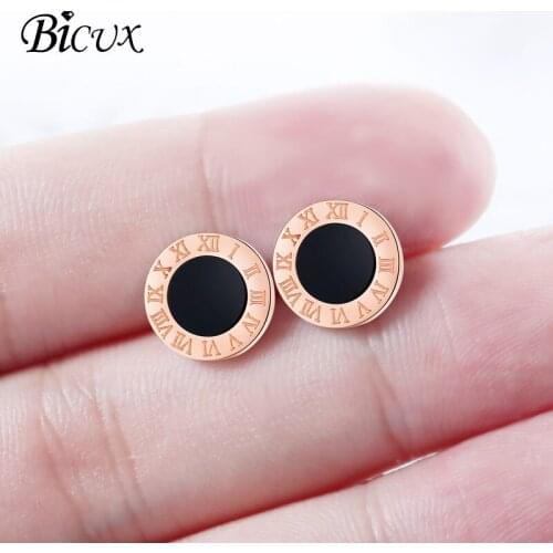 BICUX Titanium Steel Rose Gold Silver Color Small Earrings Gifts for Women Fashion Acrylic Roman Numerals Stud Earrings Jewelry