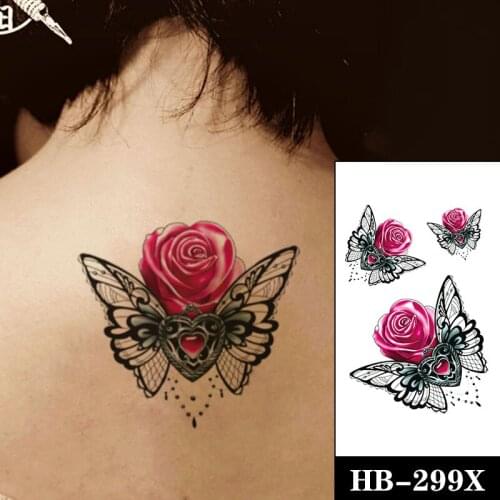 Pink Rose Women Back Tattoos Stickers Fake Waterproof Butterfly Heart Pearl Necklace Tattos Temporary Body Chest Neck Tatoos