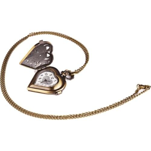 Vintage Bronze Womens Necklace Quartz Pocket Watch Pendant Chain Steampunk