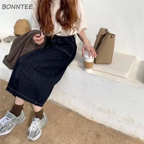 Skirts Women Denim Bright Line Decoration Mid-Calf Empire Streetwear Chic Korean Style Trendy Slim Daily Cozy Elegant Summer New