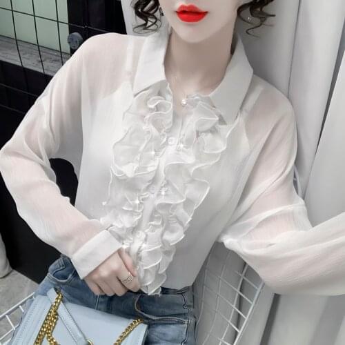 Women Blouse Office Lady Summer 2021 New Loose micro-transparent Long sleeve Ruffle Beading Chiffon Mesh Sunscreen shirt 985C
