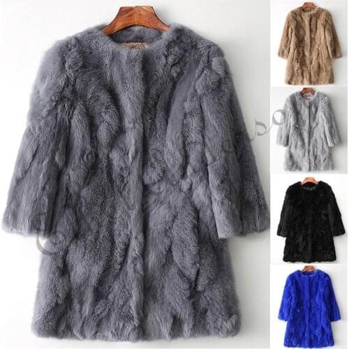 Ethel Anderson 100% Real Rabbit Fur Coat Womens O-Neck Long Rabbit Fur Jacket 3/4 Sleeves Vintage Style Leather Fur Outwear