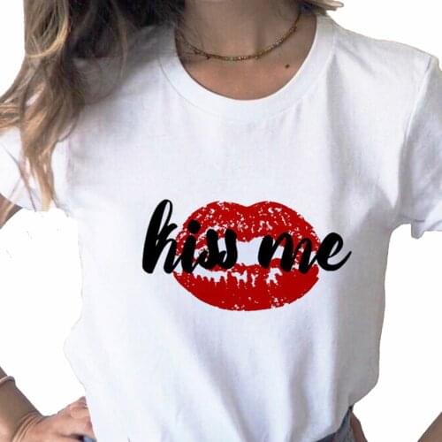 Red Lips Kiss Me Letters print ladies T-shirt ladies casual basis O-collar white shirt short sleeve ladies T-shirt,Drop Ship