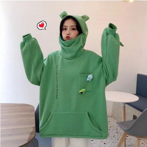 Harajuku Women Hoodie Winter Sense Hooded Casual Sweatshirts Autumn Embroidery Loose Top Doll Decoration Hoodies Frog Pullover