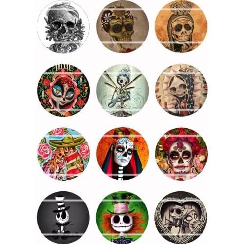 Handmade Colorful picture Skull Round Glass Cabochons Refrigerator magnet for Necklace Decoration and Phone Chain Accessaries -7
