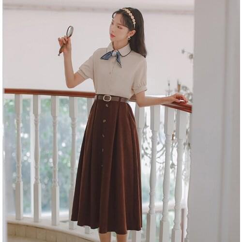 Women Vestido Preppy Literary Retro Two Piece Set Summer Lapel All-match Shirt +Solid Color High Waist Skirt Sets