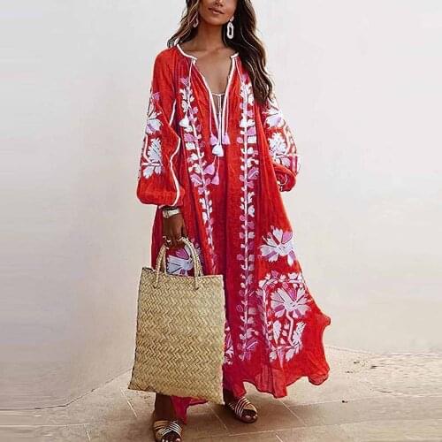 2021 Bohemian Summer Dresses Women Vintage Flora Printed Plus Size Sundress Long Lantern Sleeve V-neck Big Swing Dress Vestidos