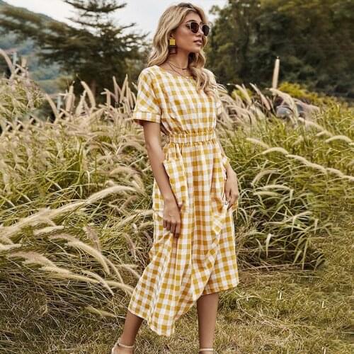 Yellow Plaid A-line Back Cross Hollow Out Sexy Woman Dress Pocket Casual High Waist Elegant Lady Spring Summer 2021 New Dresses