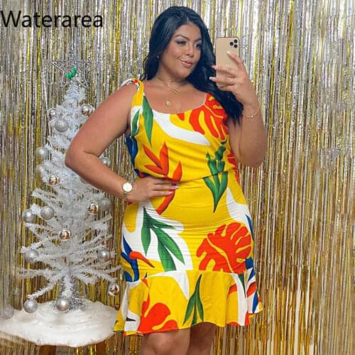 Waterarea Women Dress Spaghetti Strap O-neck Empir Eruffles Knee-length Print Dresses Female Summer Casual Bodycon Dress 2021
