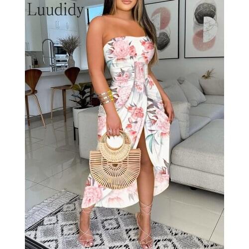 Women Sexy Floral Print High Slit Dress