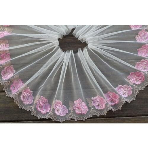2 Yards Lace Trim Pink Rose Flowers Embroidered Ivory Tulle Lace Trim 7.48 Inches Wide High Quality