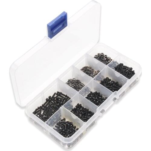 600Pcs M2* 4/5/6/8/10/12 Black Round Head Hex Stocket Bolts Nut Flat Pad Washers Spring Kit Assortment With Box