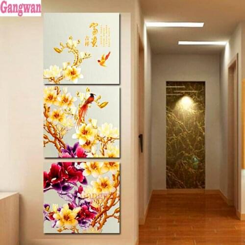 Full square/round drill 5d diy diamond painting Golden plum 3 pcs picture mosaic embroidery Magnolia Corridor aisle decorative