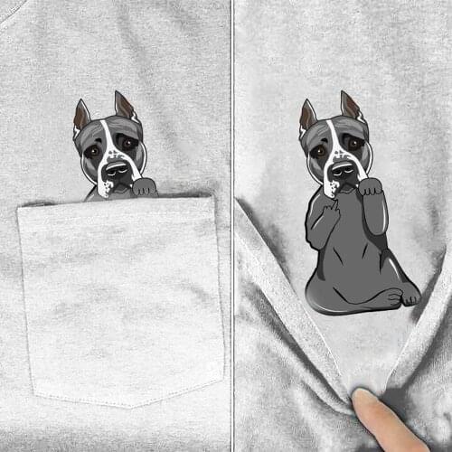 White Pure Cotton T-shirt Staffordshire Terrier Middle Finger Pocket Shirt Fashion Harajuku Casual Round Neck Tops Drop Shipping