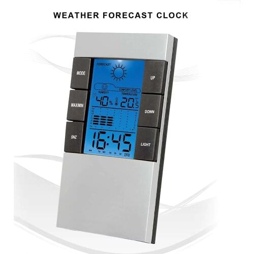 Snooze Alarm Clock Weather Forecast Desktop Clock LCD Light Display Auto Adjust Perpetual Calendar Electronic Weather Station