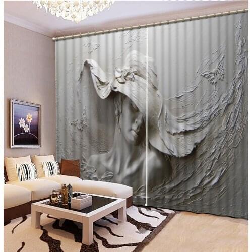 Decor Curtain Embossed Gray Beauty Oil Painting Window 3D Curtains Drapes For Bedroom Home Decorative Wall Curtains Blackout