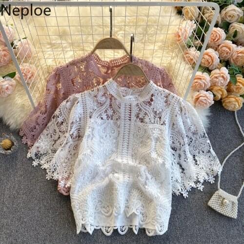 Neploe Korean Woman Clothes Blusas Mujer De Moda Fashion Shirts 2021 Hollow Out Floral Blouses Women Lace Laides Cropped Tops
